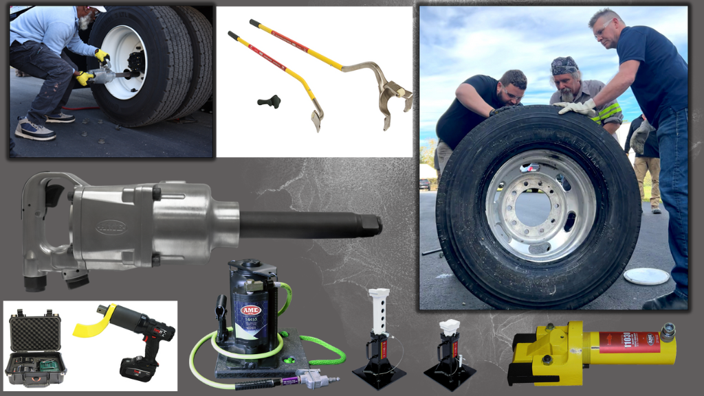 A collage of tire changing tools. Serious tools for a serious job.