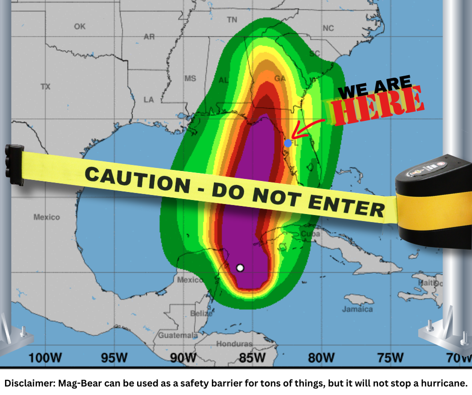Map of wind speed probabilities for Hurricane Helene. Metal poles to the left and right. AME International's Mag-Bear magnetic barrier reads: "CAUTION-DO NOT ENTER" & is stretched across the map.